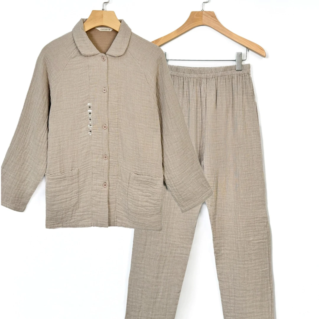 【小袁正品咖啡小格气囊四层纱】全棉爆款纯棉春秋长袖居家透气睡衣