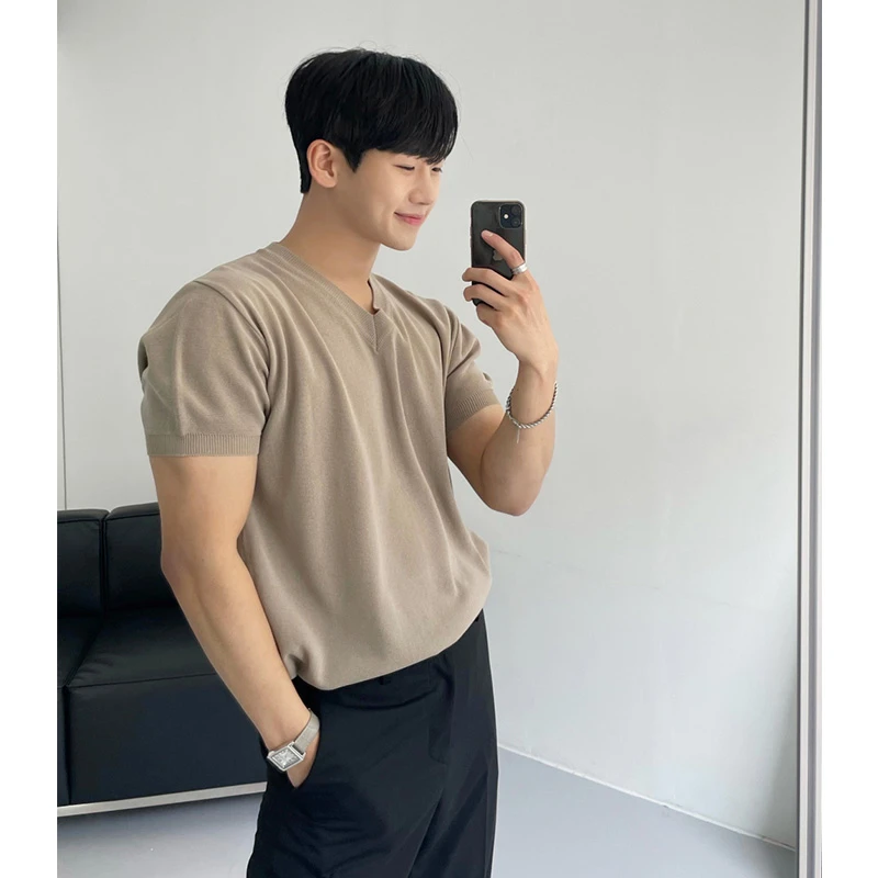 男士短袖t恤夏季薄款宽松百搭潮流潮牌v领针织体恤高级感日系上衣