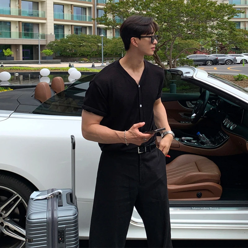 v领针织衫开衫短袖男韩版潮牌高级感宽松t恤2024夏季简约日系上衣