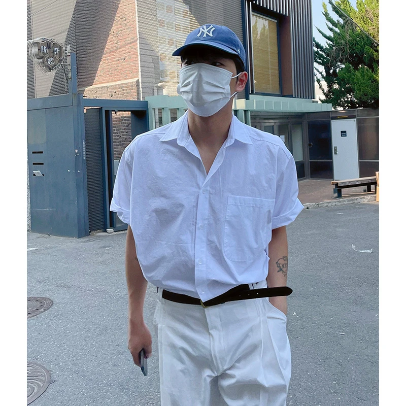 白色短袖纯棉衬衫潮款韩系日系痞帅简约百搭简约衬衣夏季男士短袖