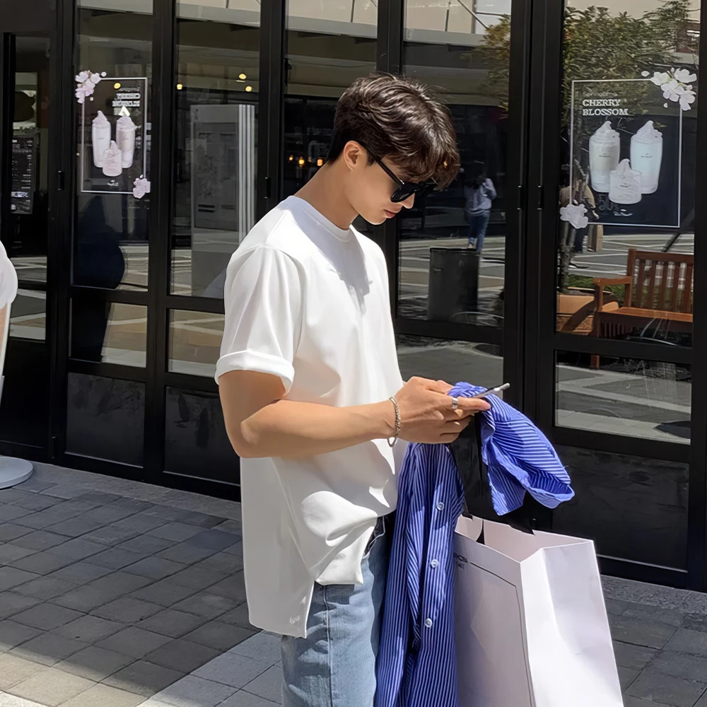 白色圆领纯棉T恤男士夏季韩系痞帅轻奢高端痞帅高级感男款ins短袖