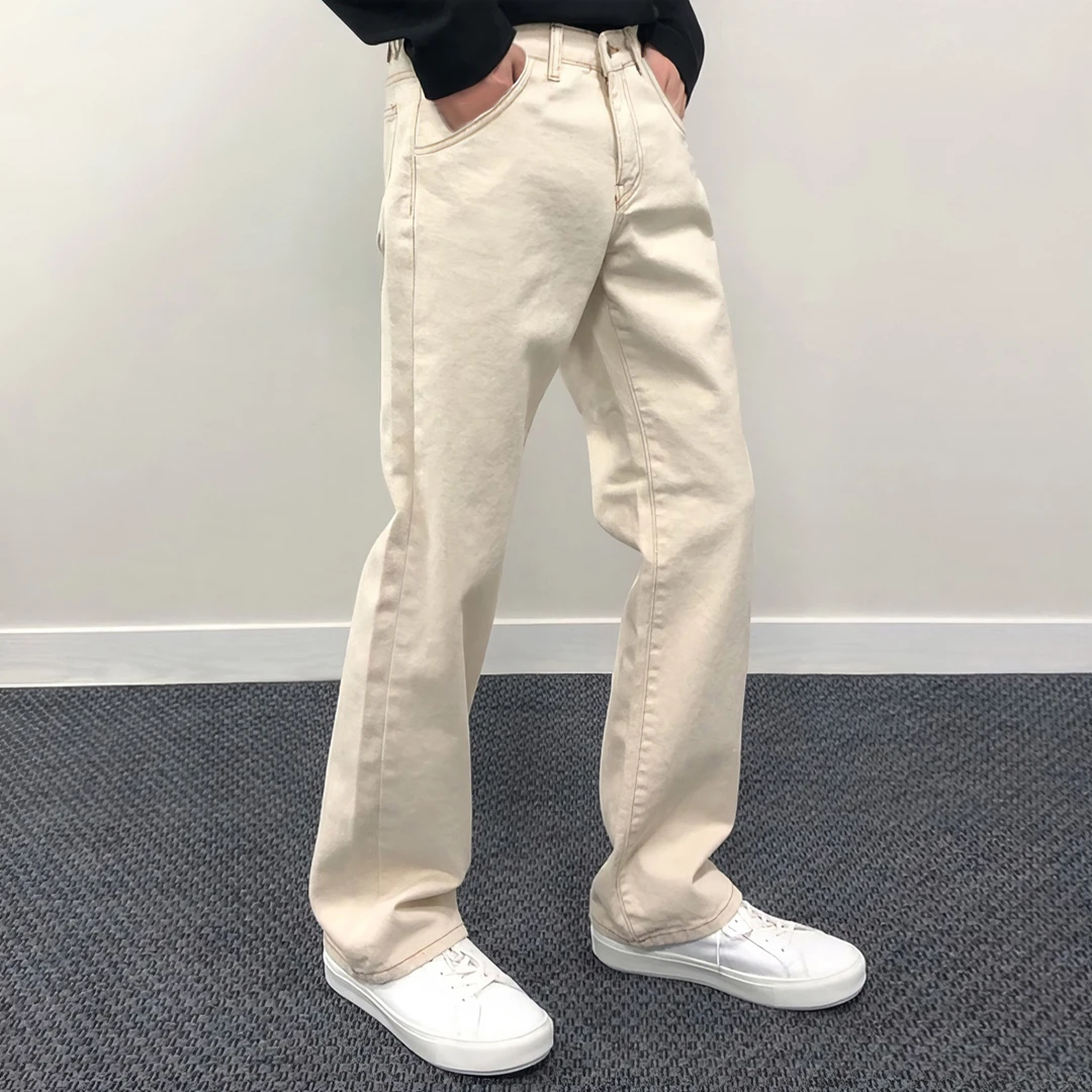 米白色阔腿裤男士春季新款宽松潮流百搭韩版垂坠感九分牛仔裤男款