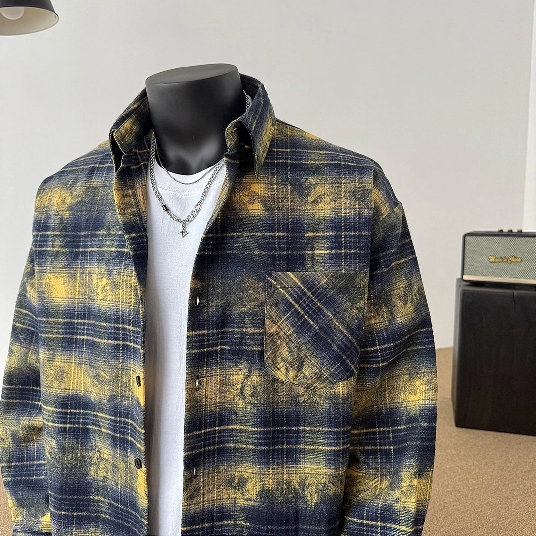 潮流复古长袖衬衣百搭宽松格子男士休闲外套情侣上衣泼墨扎染衬衫