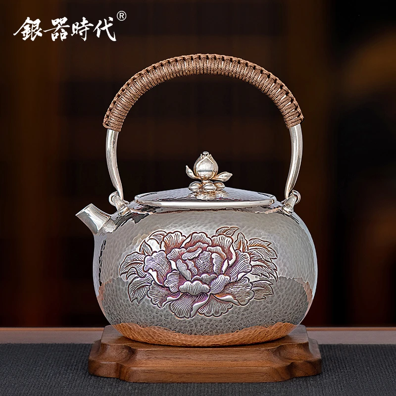 银器时代 足银999烧水银壶煮水壶纯手工牡丹煮茶壶功夫茶具泡茶壶
