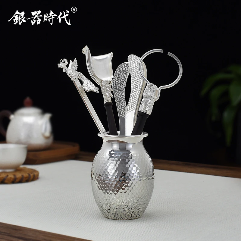 银器时代 足银茶具配件手工足银锤纹茶道六君子茶铲茶针茶叉茶夹
