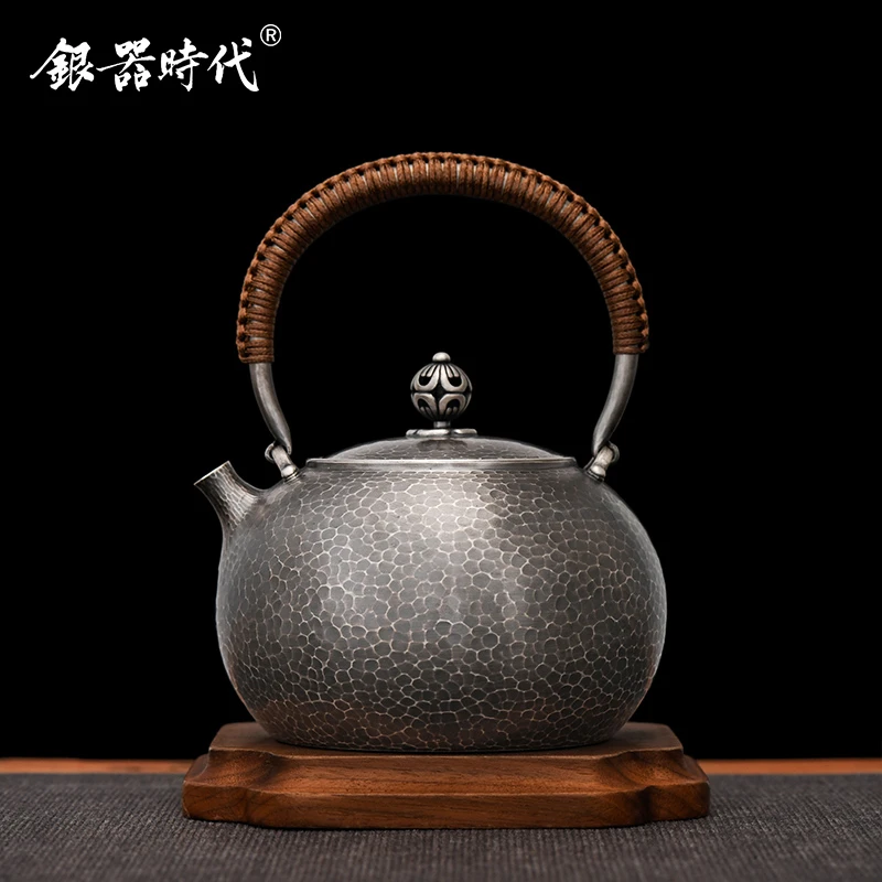 银器时代 银壶足银999烧水壶锤纹丸型煮茶泡茶复古纯手工银茶壶