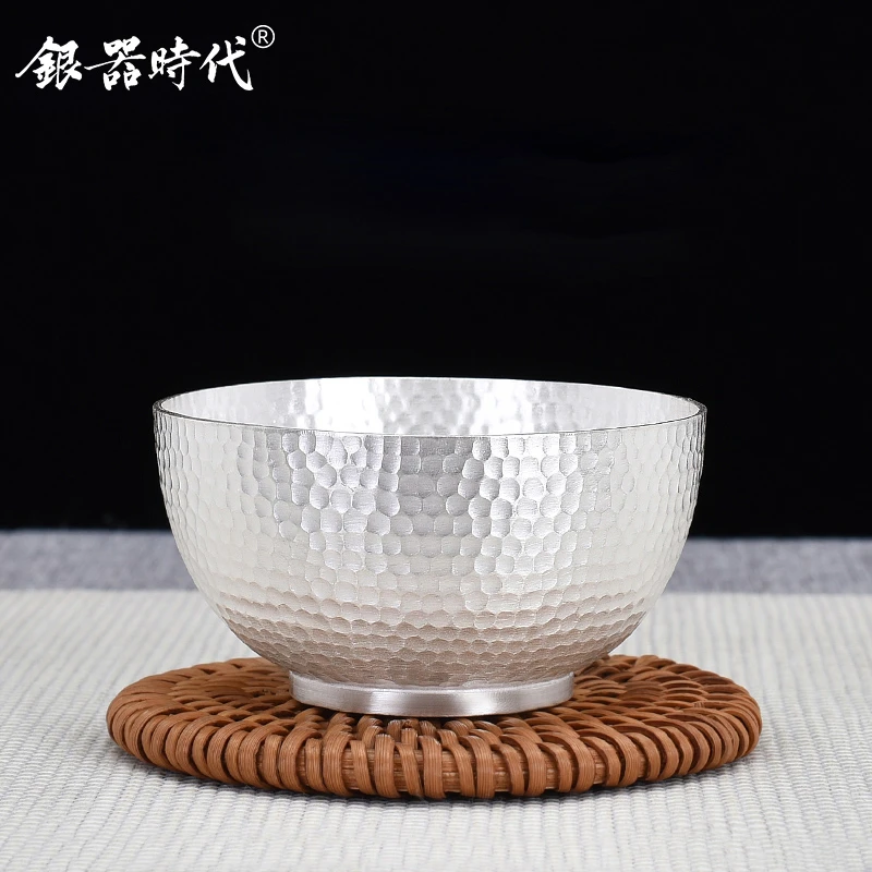 银器时代 纯手工银杯子999足银主人茶杯高品质锤纹中等容量银功夫