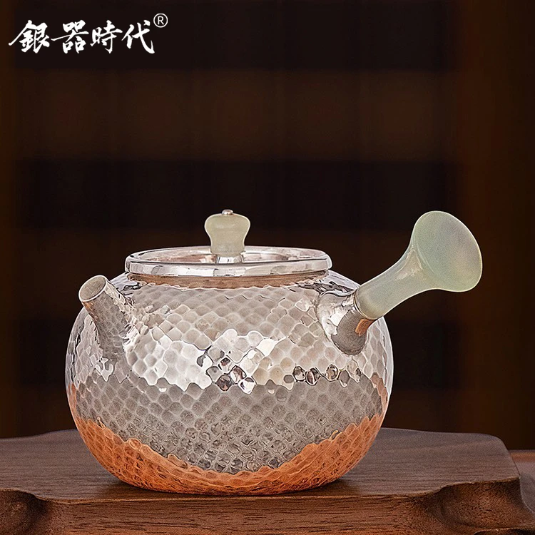 银器时代 银壶足银999泡茶壶侧把玉石急须壶功夫茶具单人壶银茶壶