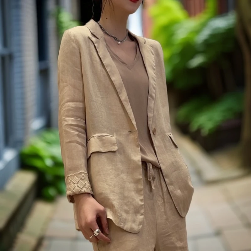 艾美2022女士苎麻袖口蕾丝可翻袖西服——西装外套休闲亚麻小西装