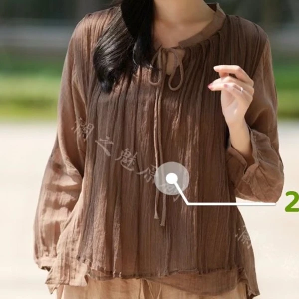 艾美2023女士领口系带麻衫（飘逸）——时尚圆领气质夏季休闲纯色韩版