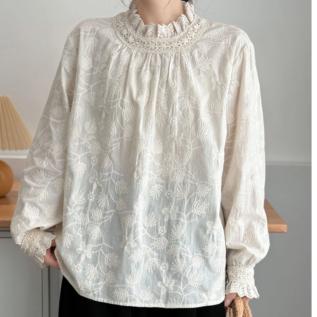 2024（艾美）女士绣布立领衬衫——衬衣长袖百搭时尚设计感气质打底