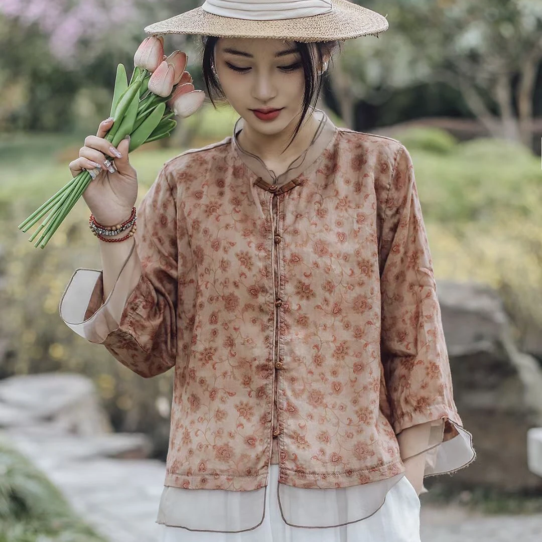 2024（艾美）女士苎麻配欧根纱42支苎麻衫——碎花中式民族风立领文艺