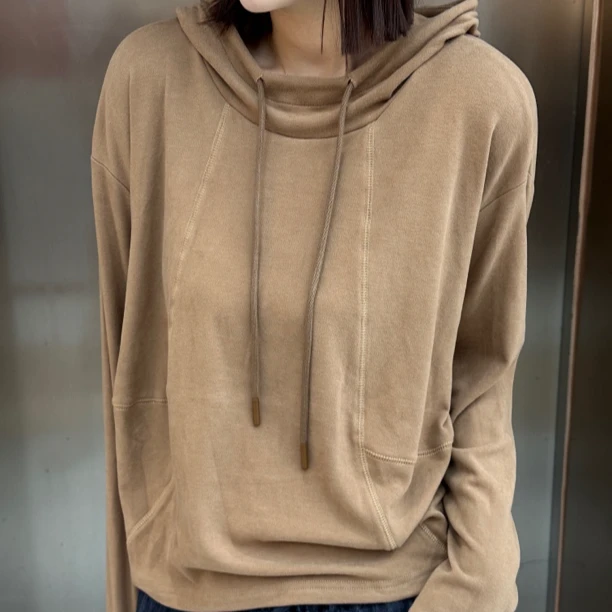 2024（艾美）女士连帽打底衫——时尚休闲长袖百搭纯色秋冬带帽秋季