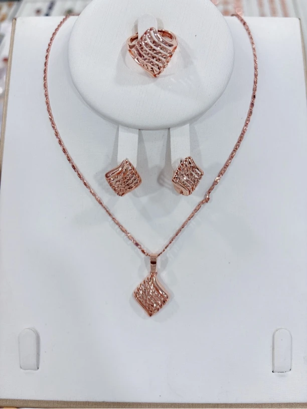 铜合金耳饰 3006小四边形镂空车花耳环手工戒指吊坠三件套首饰