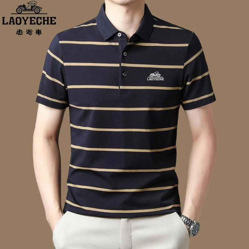 【名牌正品 老爷车】男士短袖polo衫夏季透气棉质商务条纹翻领体恤