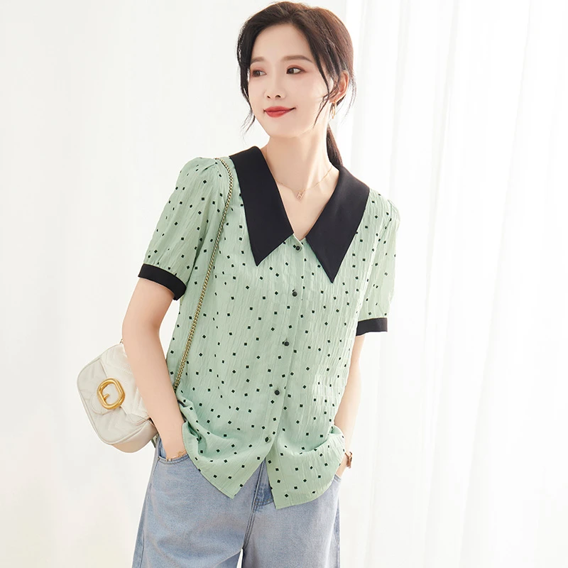 娅丽达波点上衣女夏23新款小众洋气娃娃领夏装设计感减龄短袖衬衫