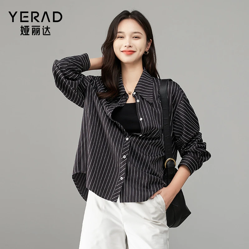 娅丽达时髦宽松条纹衬衫女2025春季新款休闲简约百搭长袖小衫外套