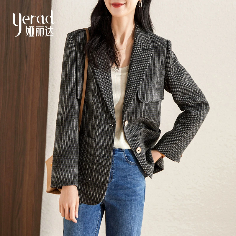娅丽达毛呢西装外套女2024年春季新款高级感收腰显瘦大衣格子西服