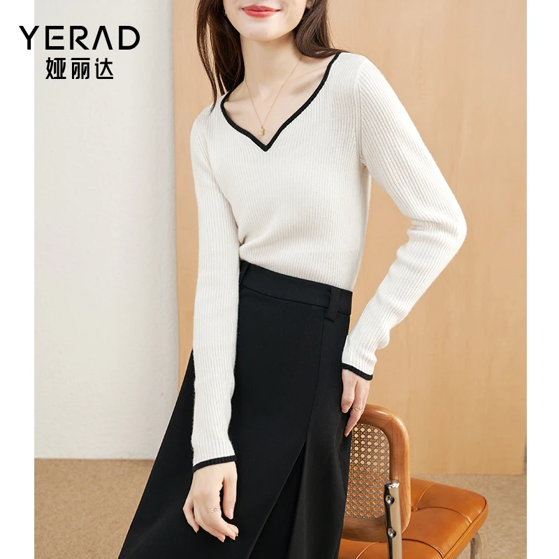 【绒绒绵意】娅丽达针织羊毛衫女23冬季百搭撞色时尚桃心领打底衫