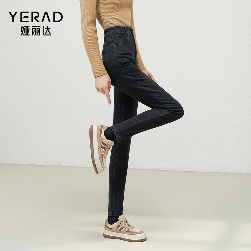 娅丽达黑色打底牛仔裤女修身显瘦松紧腰女裤2023年冬装加绒小脚裤