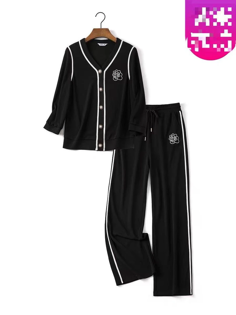 【F037】2024年春秋季新品汉派韩版时尚休闲V领上衣+裤腿裤两件套裙