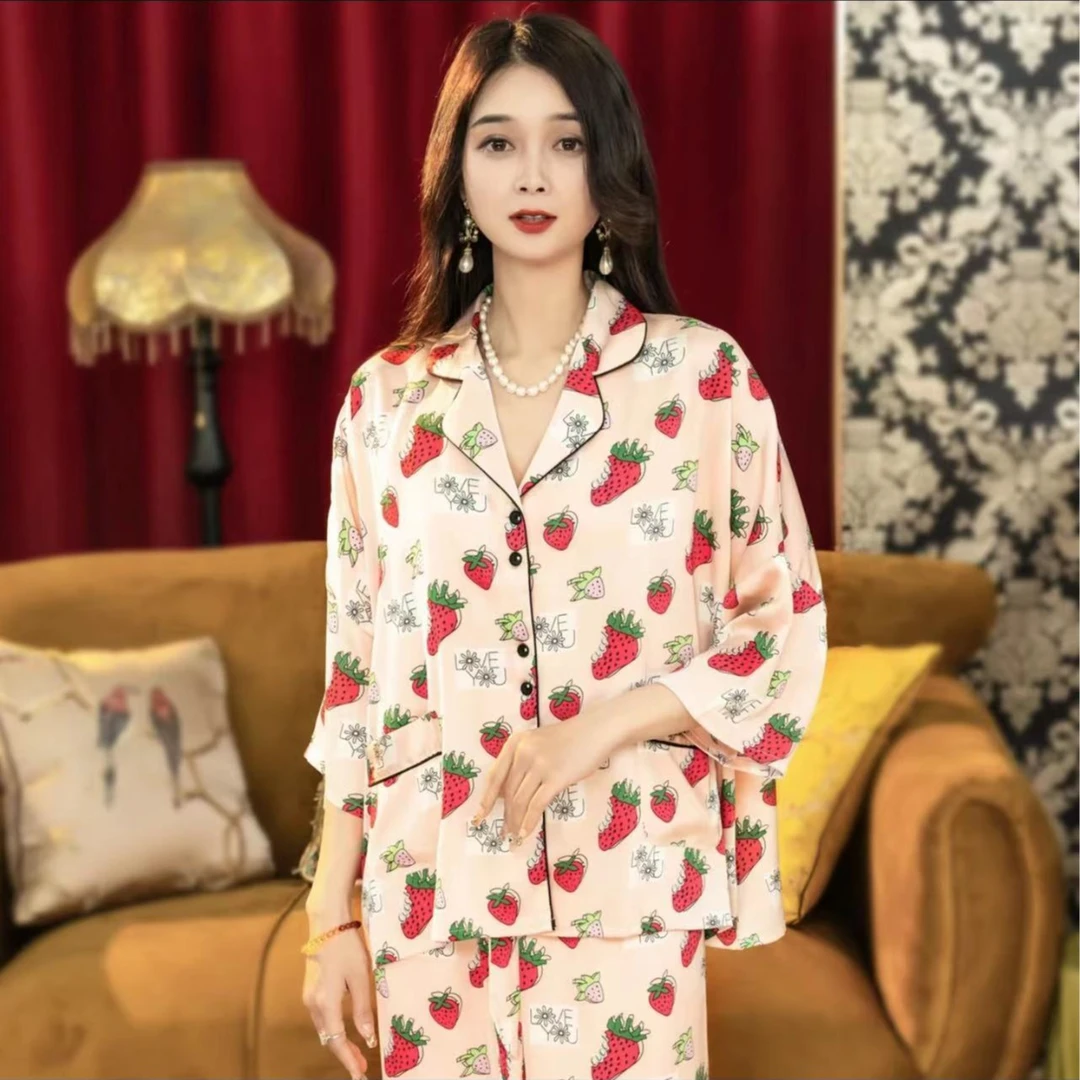 上海故事2023夏季爆款女士睡衣休闲草莓印花冰雪软丝家居服套装
