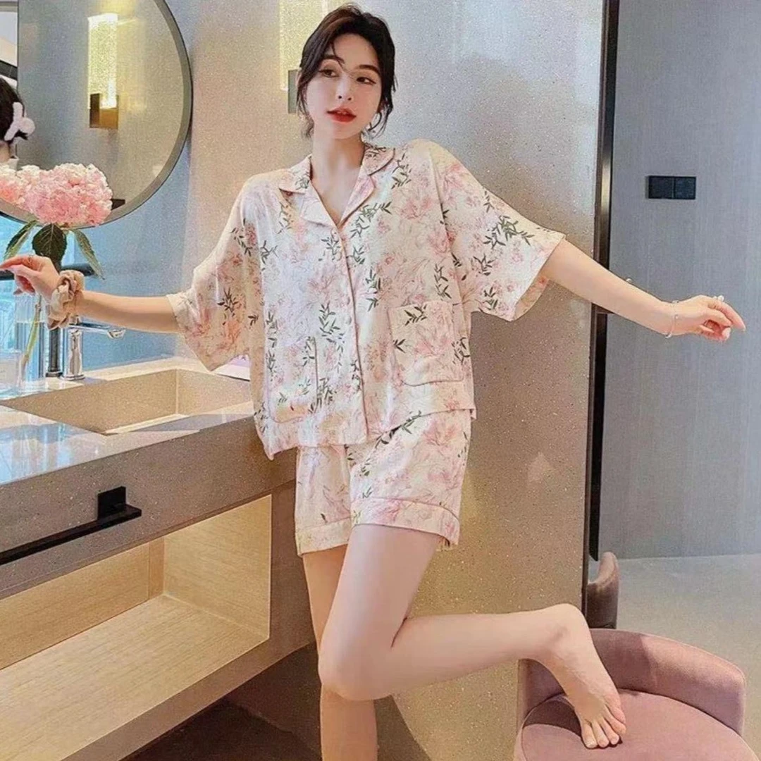 上海故事夏季新款女士冰雪软丝透气睡衣短袖短裤家居服套装