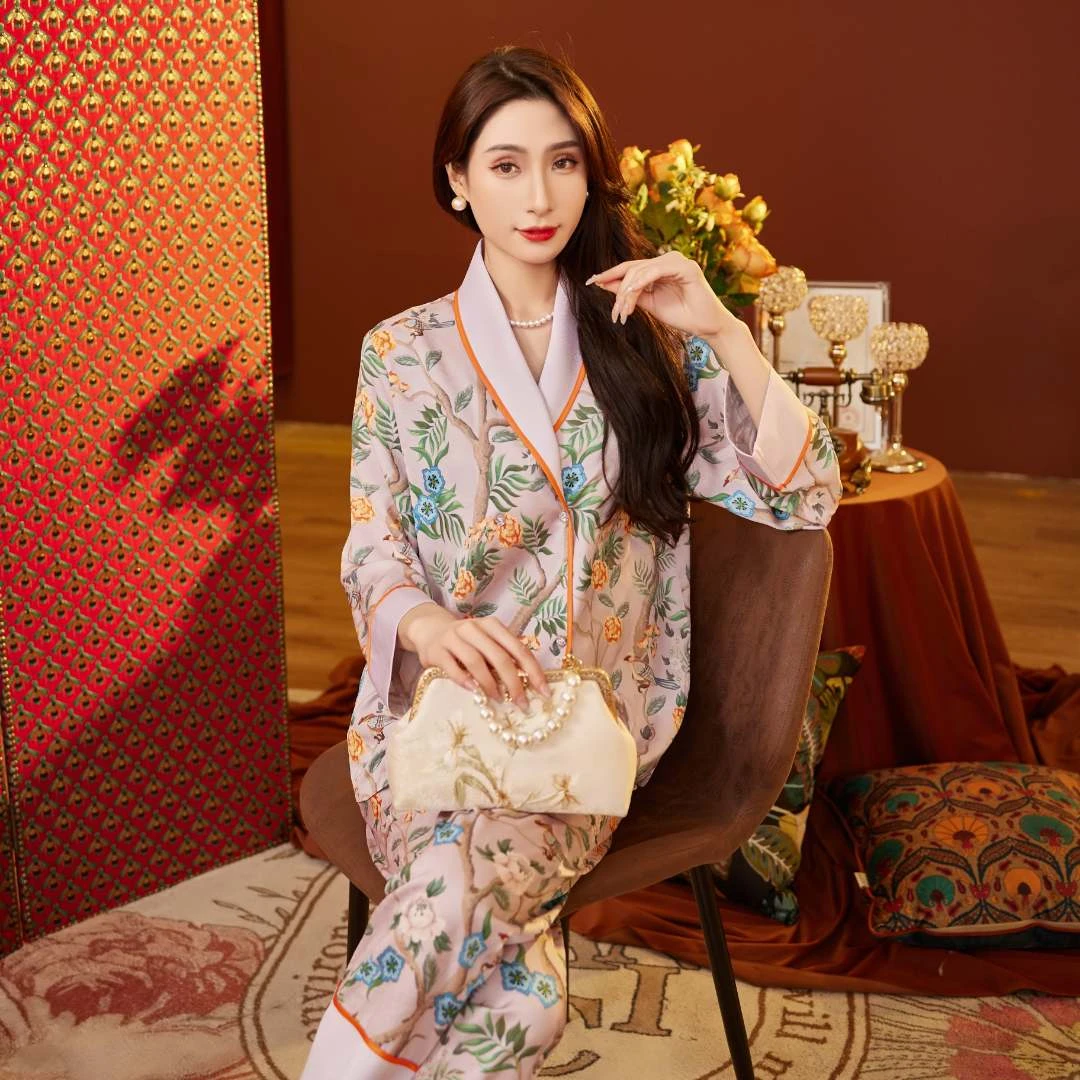 上海故事可外出睡衣新款软丝长袖家居服女款气质透气提花睡衣套装