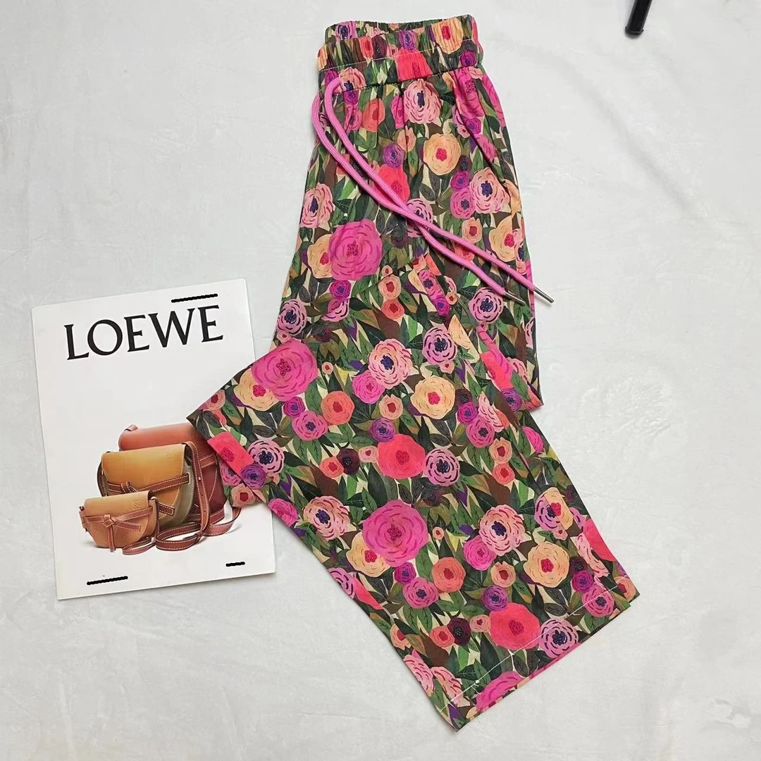 2023夏季薄款碎花裤 紫色玫瑰花 女士高档宽松休闲显瘦百搭休闲裤