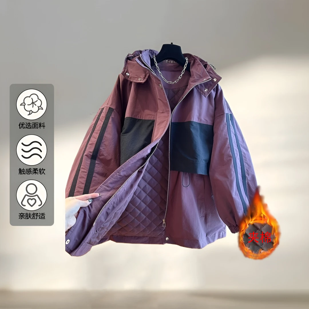 韩版大码200斤连帽宽松紫色派克棉服女冬季新款工装夹棉风衣外套