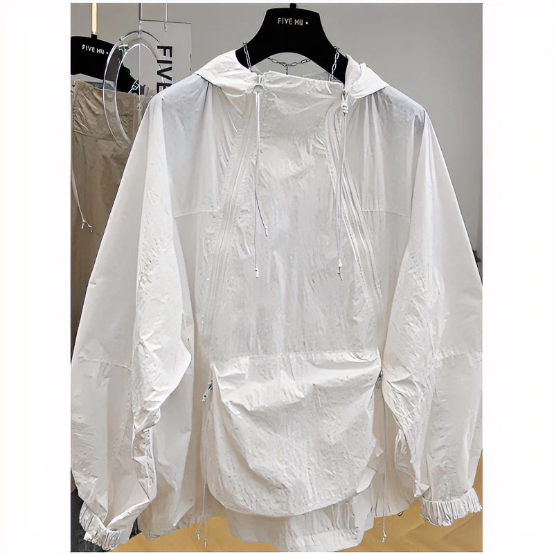 大码胖mm透气防晒衣女夏季薄款高级设计感双拉链长袖连帽薄防晒服