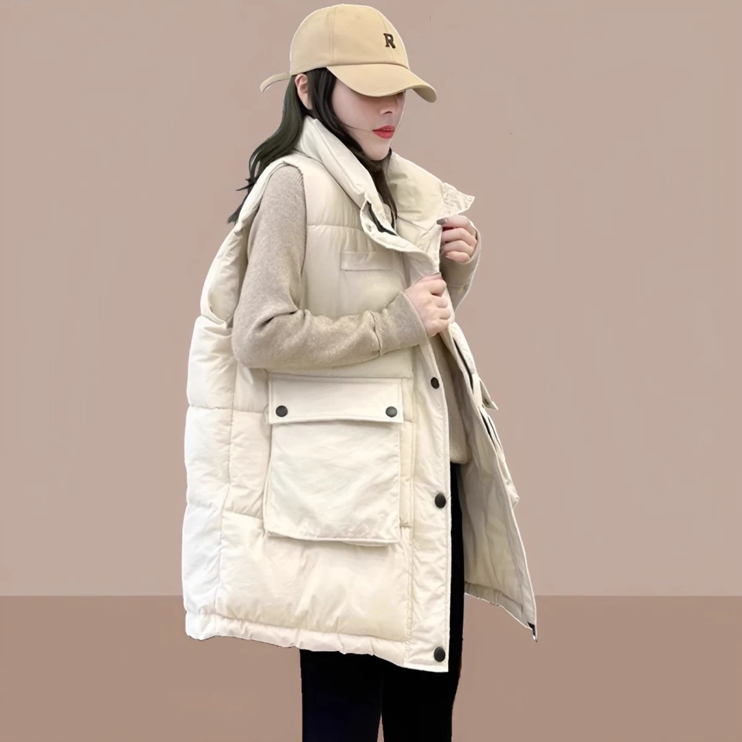欧版大码秋冬新款棉服马夹女设计感大口袋纽扣中长款加厚背心外套