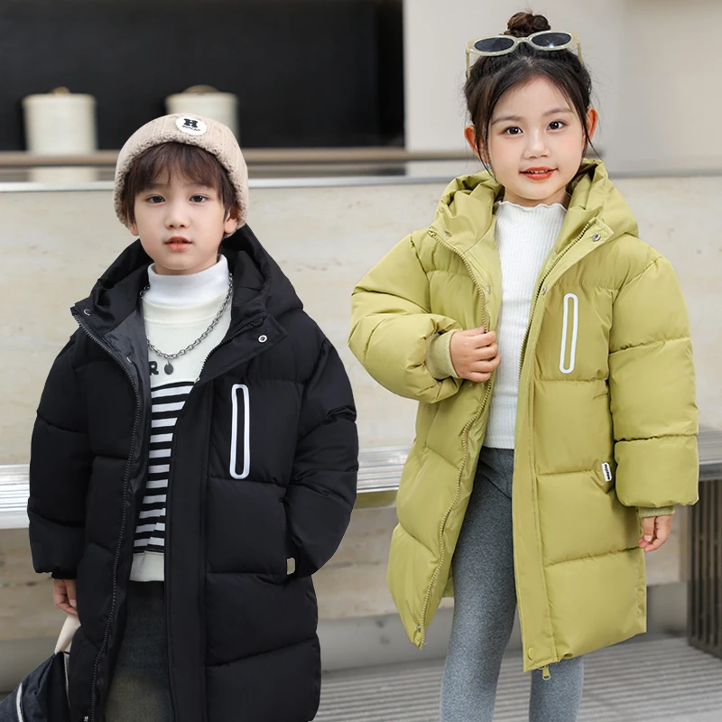 新款2024韩系百搭中长款连帽棉服男童女童加厚过膝冬季保暖外套