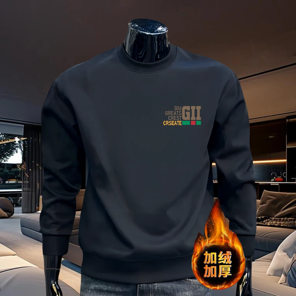 美式重磅秋冬加绒卫衣男士潮流印花休闲长袖百搭修身套头圆领上衣