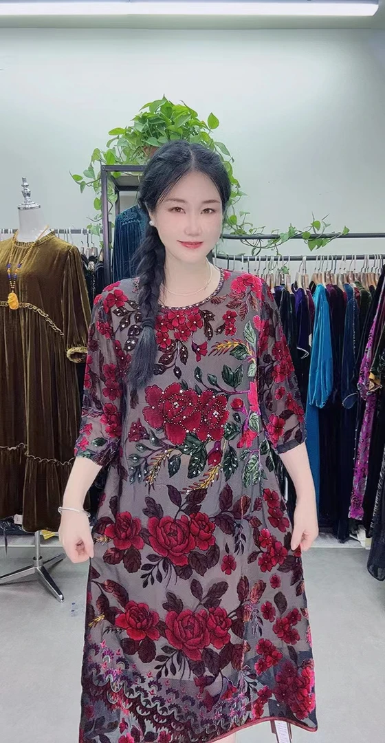 中老年桑蚕丝1787红色烧花连衣裙大码时尚高端