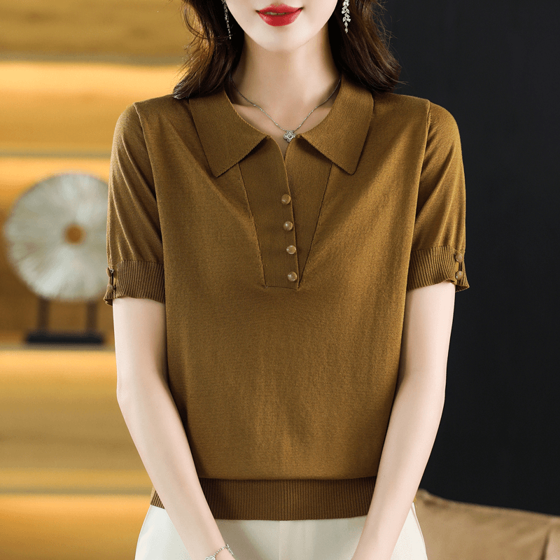 2023夏季新款短袖T恤女翻领冰丝薄款针织小衫纯色气质上衣