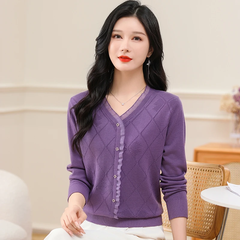 高质量秋季针织衫春秋装薄款长袖蕾丝V领上衣早秋新款女装打底衫