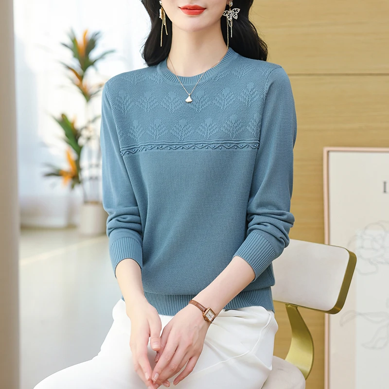 早秋天丝针织衫女2025新款妈妈春秋装遮肚显瘦圆领气质上衣打底衫