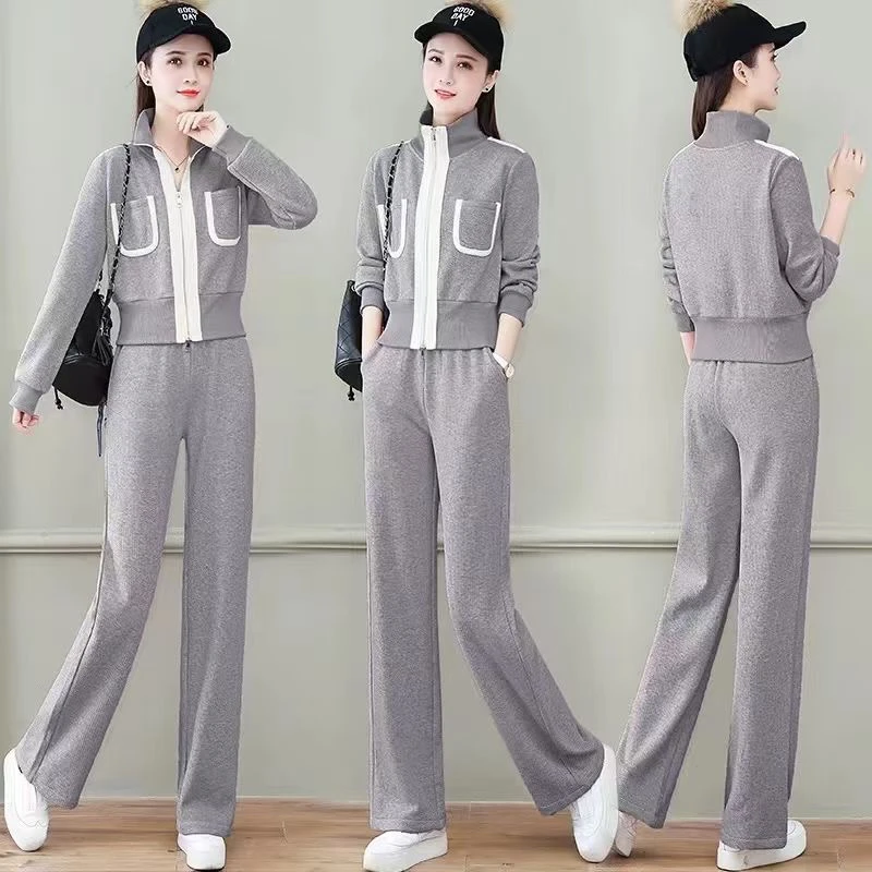 小香风高腰短款外套阔腿裤女休闲运动服新款时尚两件套欧货