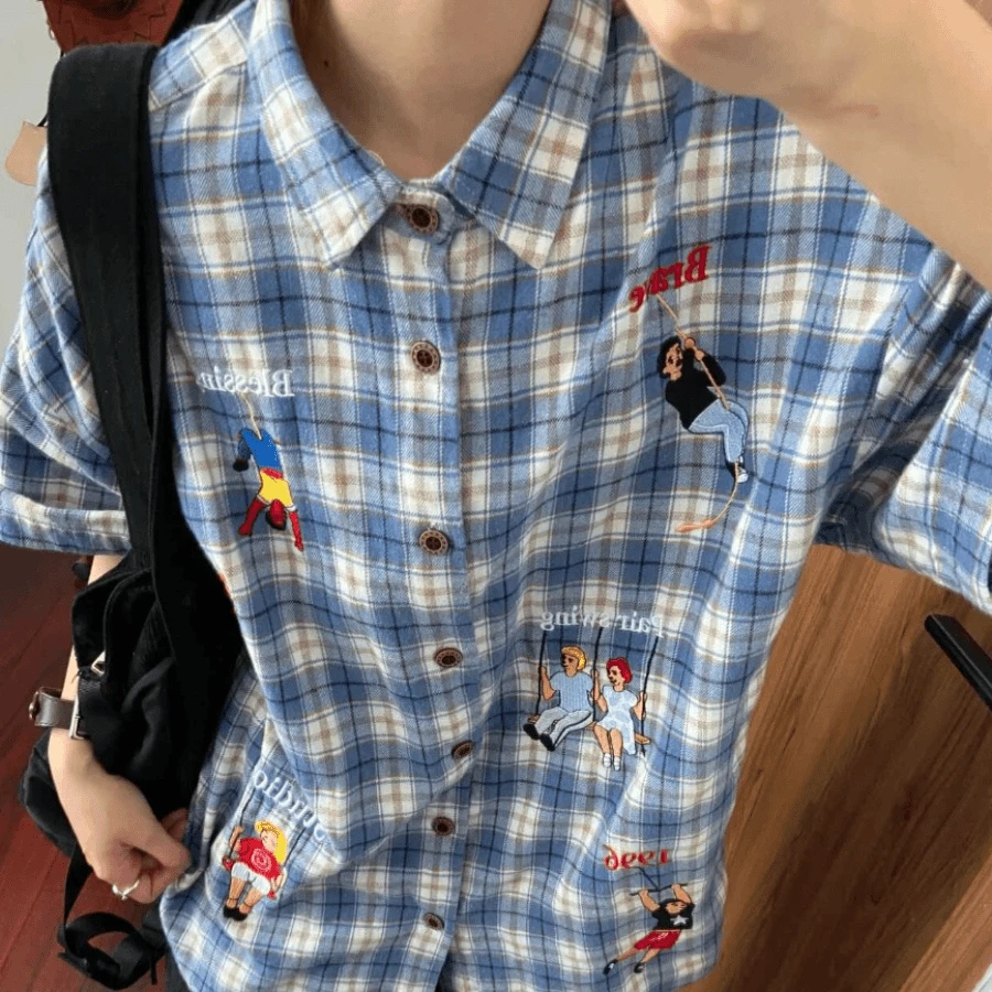 美式复古格子短袖衬衫男春夏薄款宽松刺绣衬衣设计感休闲情侣半袖