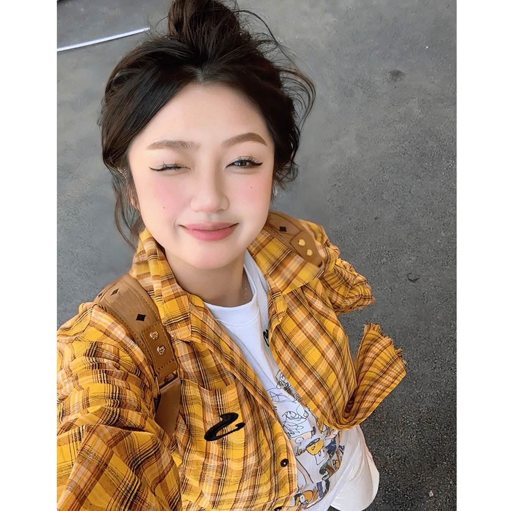 多巴胺穿搭格子衬衫男女春秋季宽松衬衣设计感小众翻领上衣外套潮