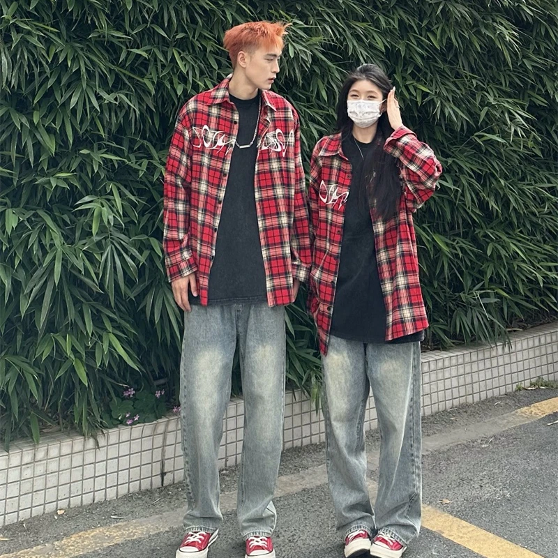 复古宽松红色格子衬衫长袖情侣日系秋季美式衬衣学生百搭上衣外套