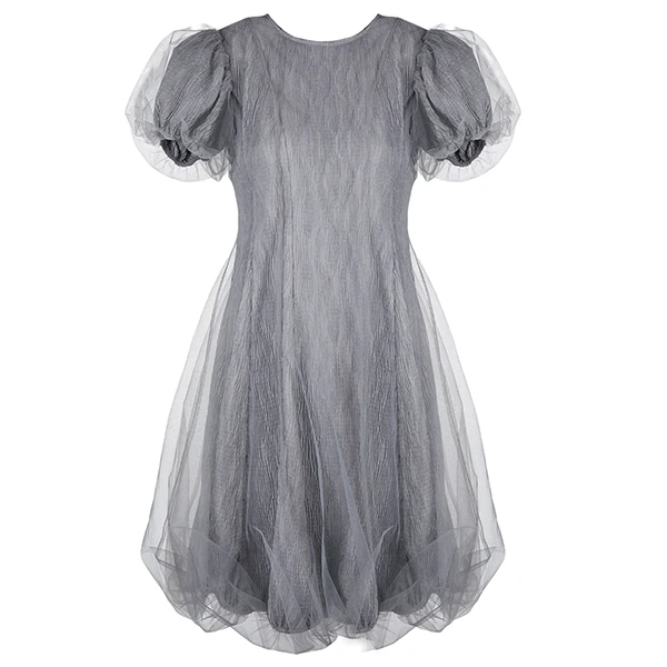 圣迪奥圆领时尚气质设计师款网纱泡泡袖不规则连衣裙S222Z12Q6