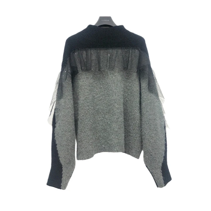 sdeer圣迪奥女装时尚休闲百搭罗纹圆领撞色网纱针织衫S224Z3575