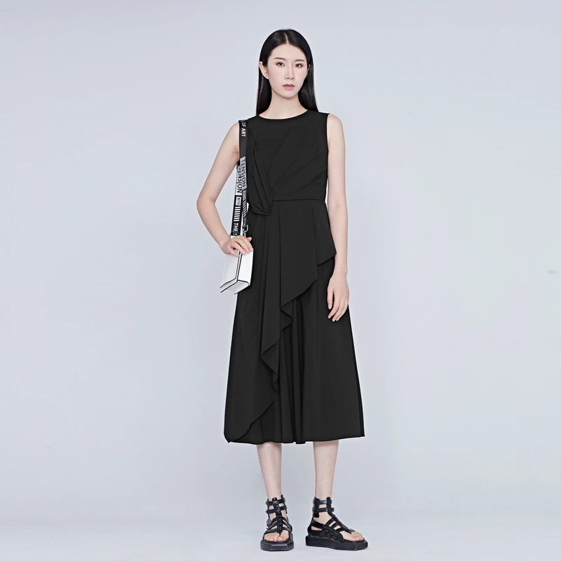 sdeer圣迪奥女装夏季黑色时尚无袖不规则立体优雅连衣裙S20281277