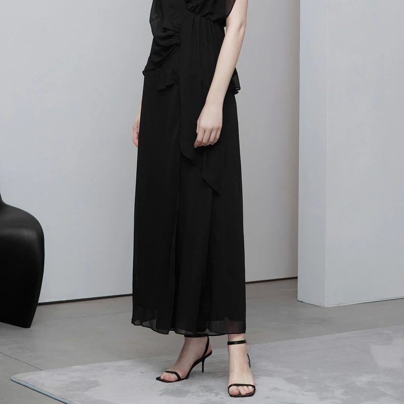 S·DEER圣迪奥显瘦黑色时尚气质高腰休闲出游阔腿秋裙裤S223Z0808