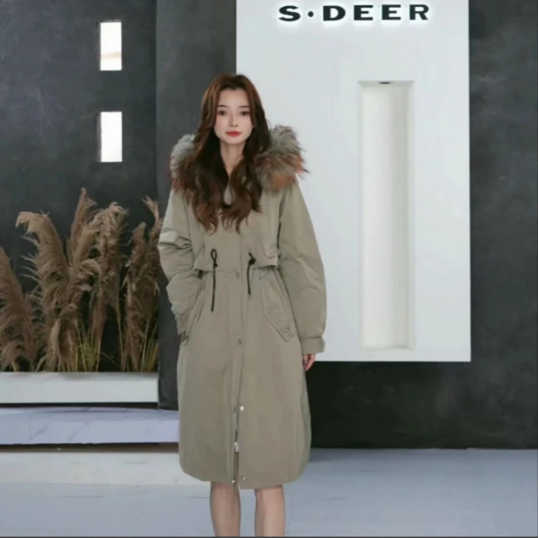 S·DEER圣迪奥女装时尚休闲毛领收腰拼接派克服羽绒服S20482463