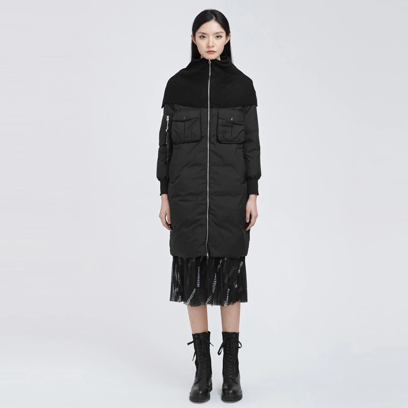 S·DEER圣迪奥女时尚休闲针织拼接罗纹茧型长款羽绒服 S20482457