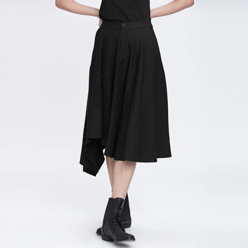 S·DEER圣迪奥女装时尚气质优雅绣花不规则黑色A字长裙S22181115