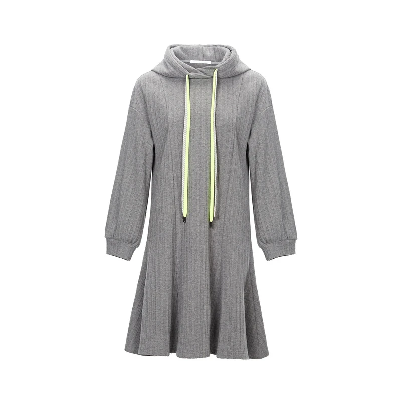 圣迪奥时尚休闲女装学院风抽绳连帽针织卫衣长袖连衣裙S224Z1289